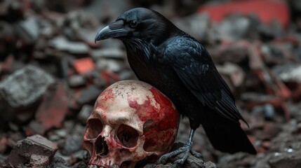 A haunting image of a raven perched on a bloodied skull, surrounded by rubble and debris, evoking themes of mortality and the darkness of nature intertwined with life.