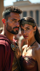 A stunning depiction of two people dressed in ancient Roman attire under ethereal sunlight, showcasing historical charm and elegance in an outdoor setting