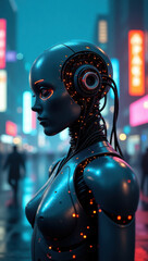 A sleek robotic figure stands poised in a cyberpunk urban city, illuminated by neon lights. Capturing an essence of technology, artificial intelligence, and futuristic concepts in a modern metropolis