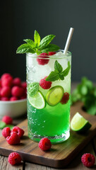 A vivid green lime and mint cocktail garnished with fresh raspberries and served on a rustic wooden surface creates a refreshing and vibrant drink