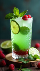 A vivid green lime and mint cocktail garnished with fresh raspberries and served on a rustic wooden surface creates a refreshing and vibrant drink