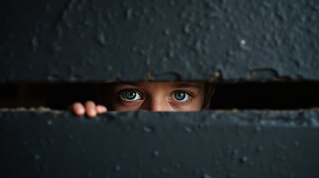 A boy looks with an expression of surprise or curiosity through a magnifying glass.