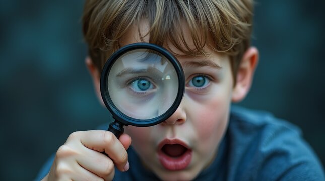 A boy looks with an expression of surprise or curiosity through a magnifying glass.