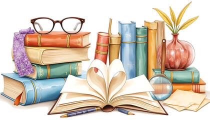 Collection of watercolor books, bookmarks, and reading accessories.