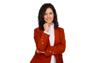 Portrait of a young manager wearing an orange jacket is posing with a hand on chin, smiling on a transparent background