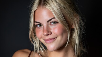 Obraz premium Portrait of a Smiling Young Woman with Blonde Hair and Bright Eyes Against a Dark Background