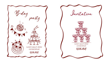Whimsical invitation frames. Hand drawn coquette borders with ribbon and bow in simple crayon and sketch style. Trendy art for bachelorette party and wedding templates. Doodle vector illustration