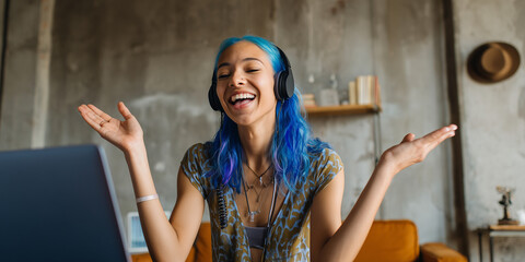 Young woman with blue hair in online team meeting, remote work and inclusive culture in a diverse, modern workplace