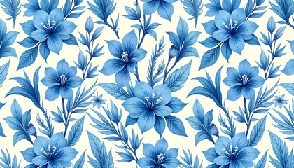 Fototapeta premium Elegant Seamless Blue Floral Pattern with Vintage Botanical Motifs on Cream Background for Wallpapers, Textiles, and Luxury Packaging