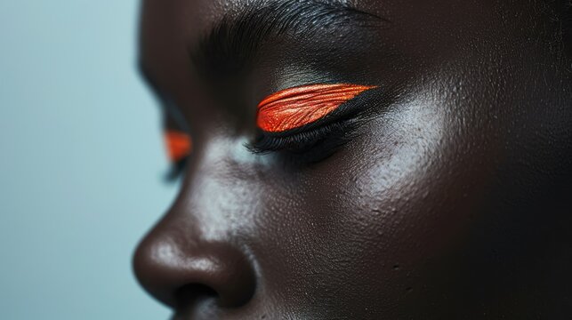 A close-up view of an artistic makeup style showcasing bold orange eyeliner, contrasting beautifully with dark skin, emphasizing creativity and self-expression in modern beauty.