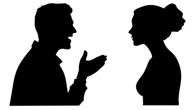 Profile silhouette of man and woman talking PNG on transparent background

