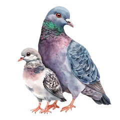 watercolor of A Mother Pigeon With Her Kid, vector high quality, isolated on a white background.