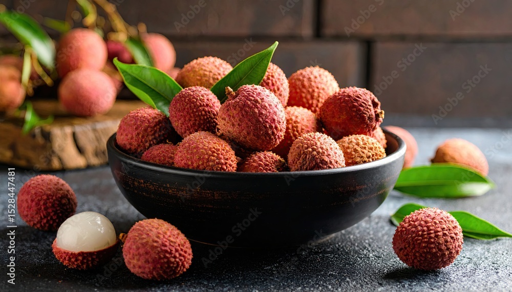 Poster fresh lychee fruits displayed in a black bowl on a textured surface with wooden background