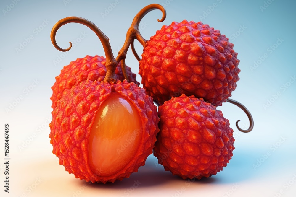 Poster fresh lychee fruits stacked on a smooth surface under soft lighting