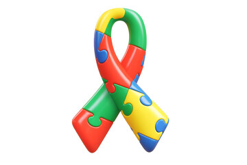 Autism Awareness Ribbon PNG – 3D Puzzle Piece Ribbon Symbol for Inclusion and Neurodiversity – Transparent Background
