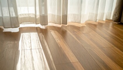 Sunlight Streaming Through Sheer Curtains onto Wooden Floor