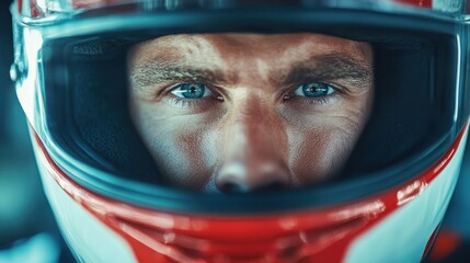 A close-up of a determined race car driver in a helmet, highlighting intense focus and readiness to face the challenges on the racetrack with confidence and skill.