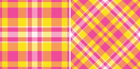 Vibrant yellow and pink plaid patterns perfect for textile design, fashion, or website backgrounds.  These bold, geometric designs offer a cheerful and modern aesthetic.
