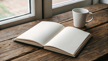Fototapeta premium Open thin book on rustic wooden table beside cup of coffee by window 