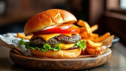 Delicious double cheeseburger with tomato, onion, lettuce and fries on wooden plate