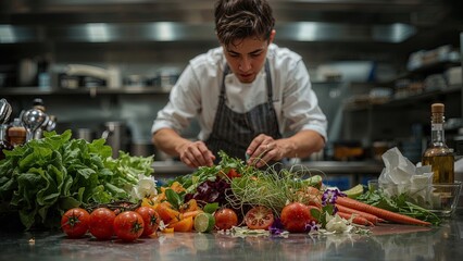 Obraz premium Chef Prepares Fresh Salad With Colorful Vegetables in a Modern Kitchen Setting