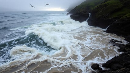 Dramatic Ocean Waves Crashing Against Dark Coastline