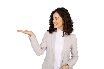 Smiling businesswoman showing open hand palm with copy space for product or text on transparent background
