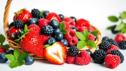 Fresh summer berries overflowing from a wicker basket, including a halved strawberry
