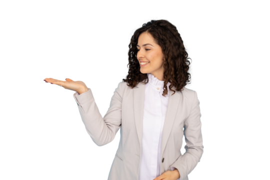 Smiling businesswoman showing open hand palm with copy space for product or text on transparent background - Powered by Adobe