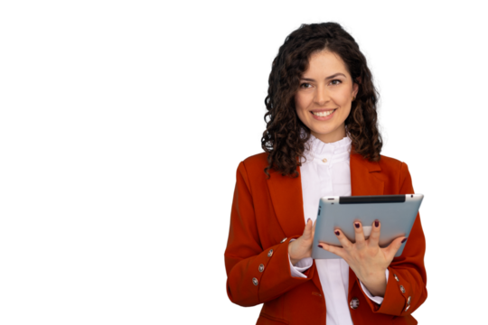 Professional businesswoman smiling, working on tablet, transparent background representing digital workplace connectivity - Powered by Adobe