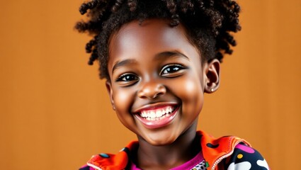 Joyful Portrait of a Young Girl with Curly Hair Against a Warm Background