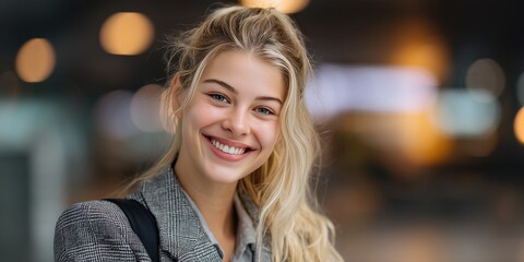 Cheerful Young Woman Smiling in a Professional Setting with a Modern Background