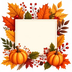 Autumnal Pumpkins and Leaves Frame on White Background