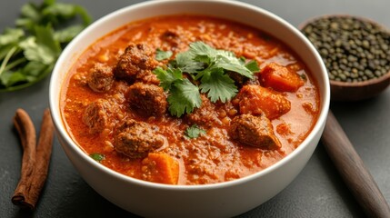 This image showcases a vibrant bowl of spicy meat stew garnished with fresh herbs, highlighting rich flavors and a hearty meal perfect for comfort dining.