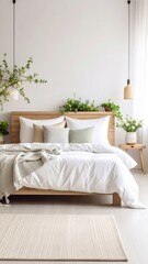 Dormitorio minimalista con decoración primaveral sutil de ramas florales, cojines en tonos pastel y luz natural.