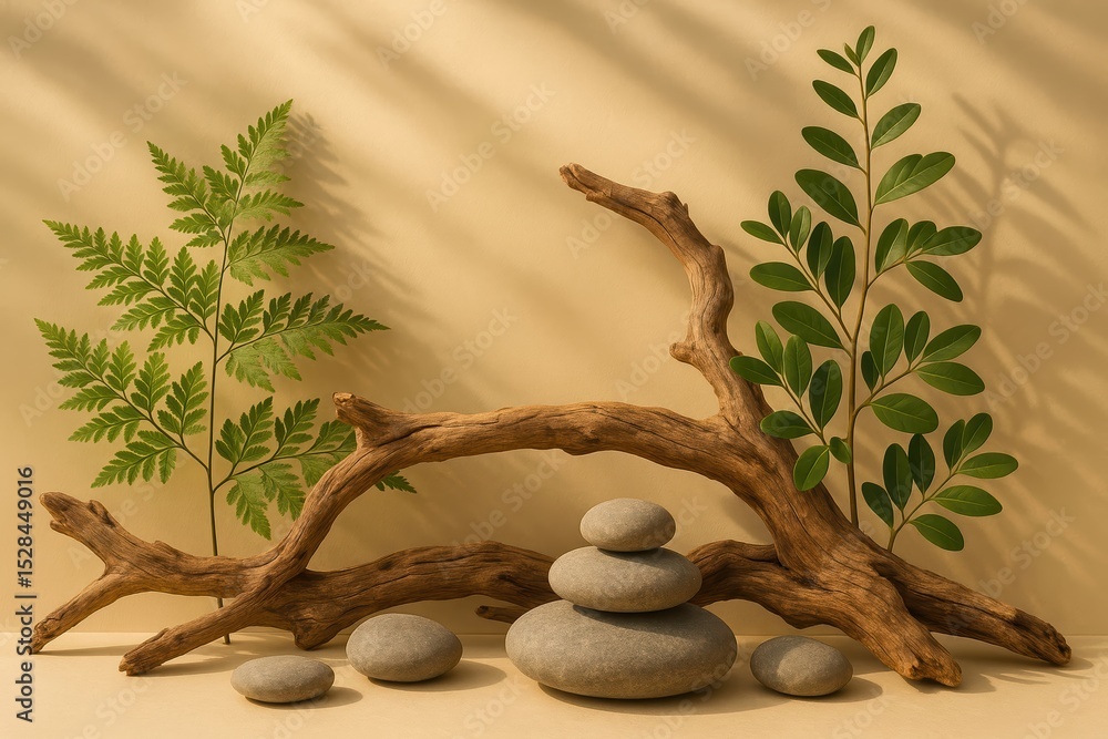 Aufkleber natural arrangement of stones and branches with green foliage in a serene, minimalistic setting