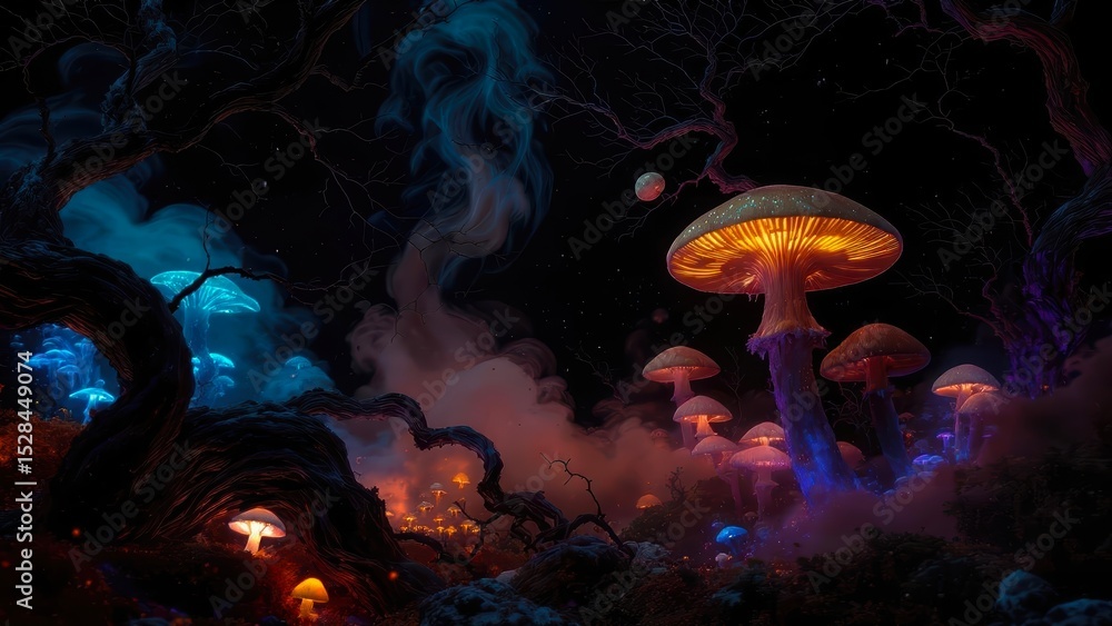 Poster luminous mushrooms in a mystical forest at night with glowing elements and dark surroundings