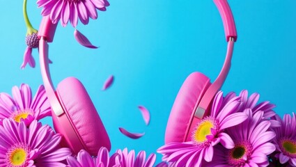 Pink Headphones and Flowers Against Blue Background, Artistic Music Concept