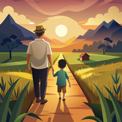 A father holding his small child's hand, walking along a village, father day