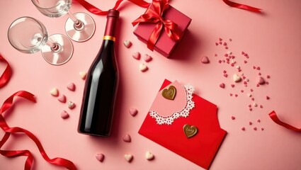 Romantic Valentine's Day Arrangement with Wine, Gift, and Sweets