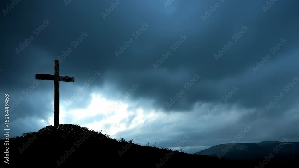 Poster a powerful image of an empty cross, silhouetted against a dark sky, signifying the conquered and def