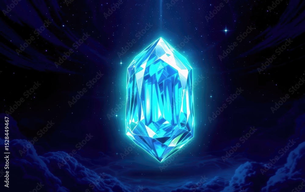 Poster paraiba tourmaline gemstone glowing in a night sky setting with celestial elements