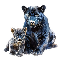 A Mother Panther With Her Kid, watercolor painting vector, high quality, isolated on a white background.