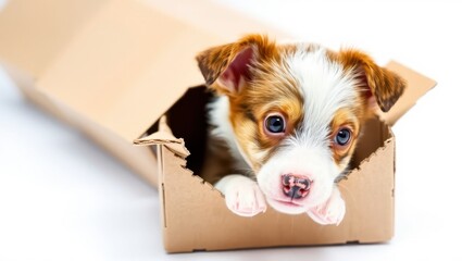 Adorable Puppy Peeking Out of a Cardboard Box with Bright Eyes