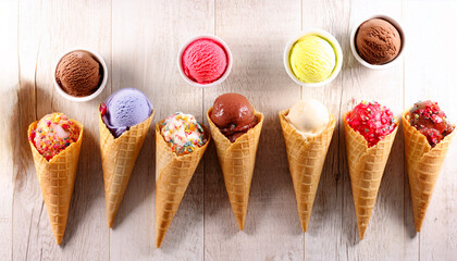 various kinds of ice cream cons on table