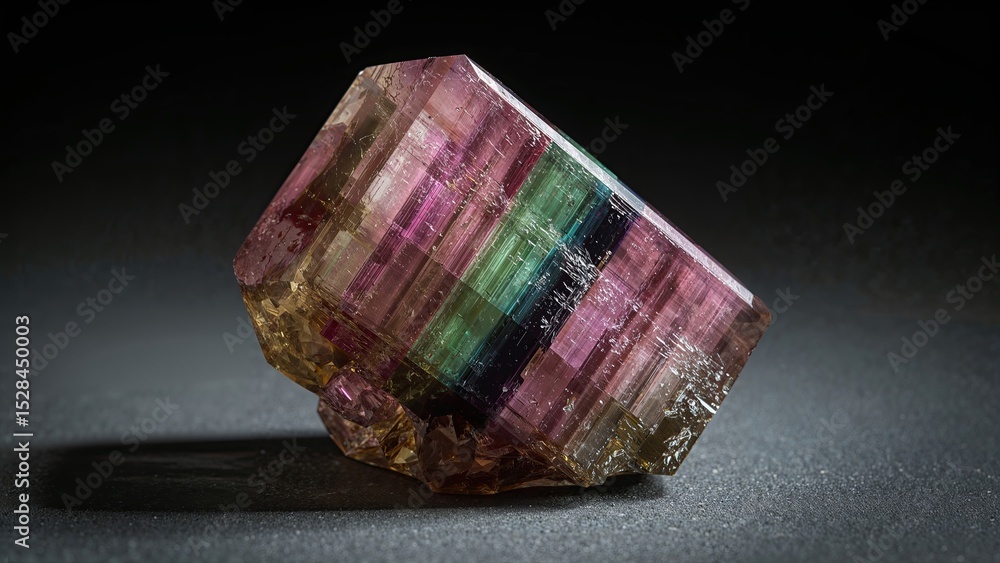 Poster polychrome tourmaline crystal with vibrant colors showcased on dark surface