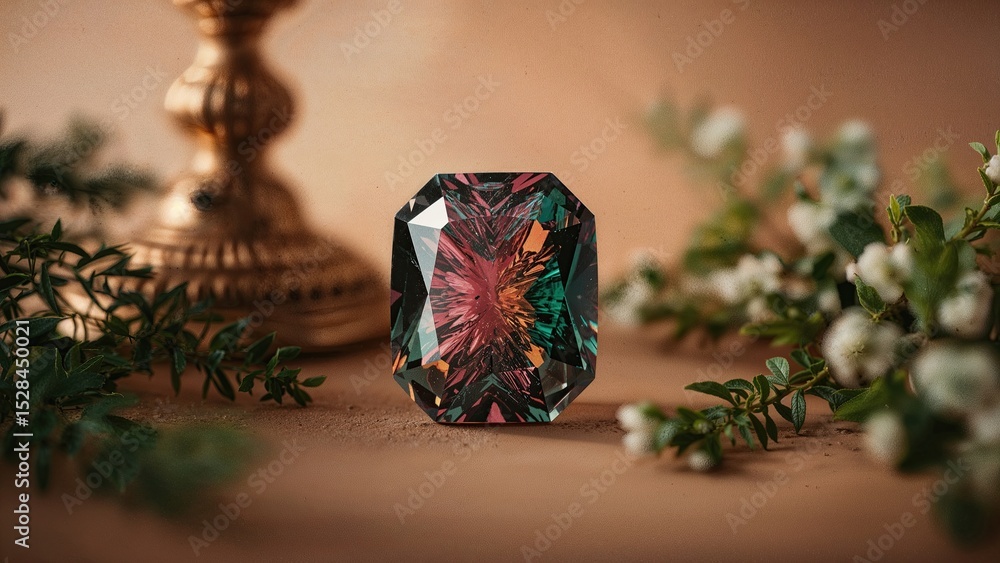 Poster vivid polychrome tourmaline gem displayed with delicate greenery and warm lighting for elegance
