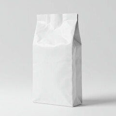 Blank white paper packaging bag standing upright, ideal for food, coffee, tea, or product branding mockups. Isolated on a clean white background for use in packaging design presentations.

