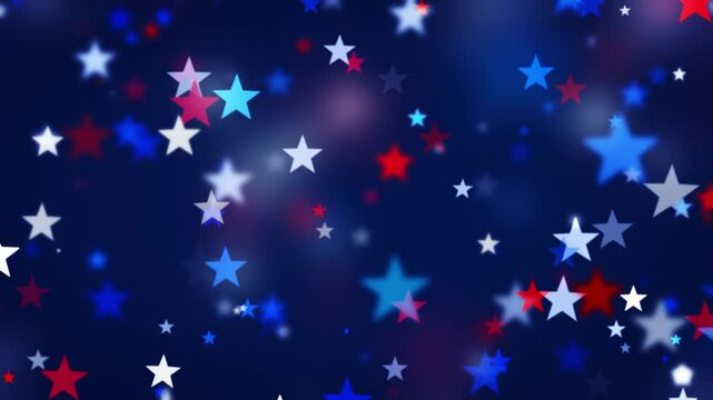 Twinkling stars in red white and blue on blue background. Festive backgrounds of star particles for USA celebrations 4th of July, Memorial Day, Veteran's Day, or any patriotic US American holidays.