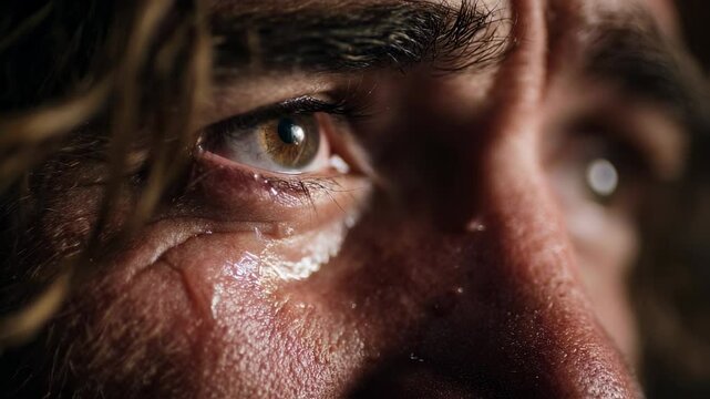 Closeup of a person with tears in their eyes, experiencing a moment of transformation and understanding as Jesus speaks about forgiveness and grace.